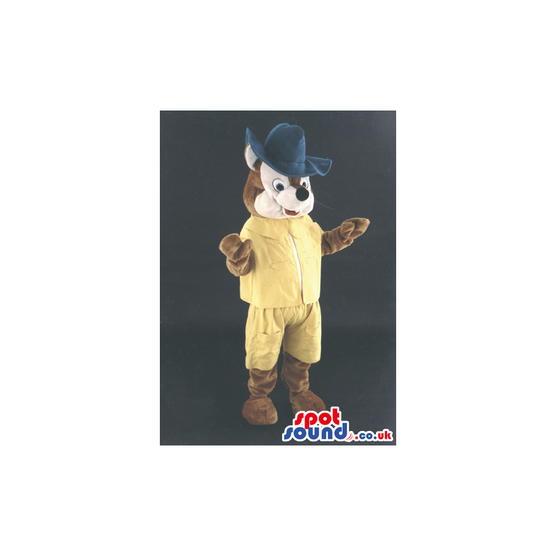 Joyful squirrel masot wearing green hat and yellow outfit - Animal mascots - MASUK000817 - SpotSound.co.uk