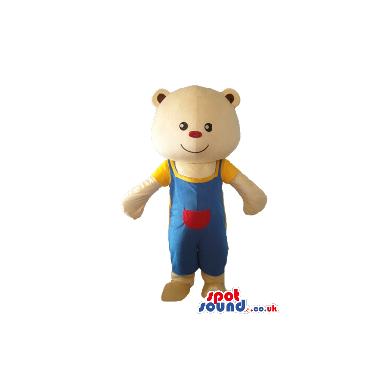 Smiling light-brown teddy bear with small red nose with blue