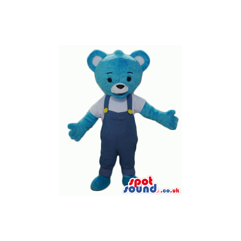 Smiling light blue teddy bear in blue gardener trousers and