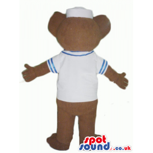 Chocolate brown teddy bear with light brown hands in white