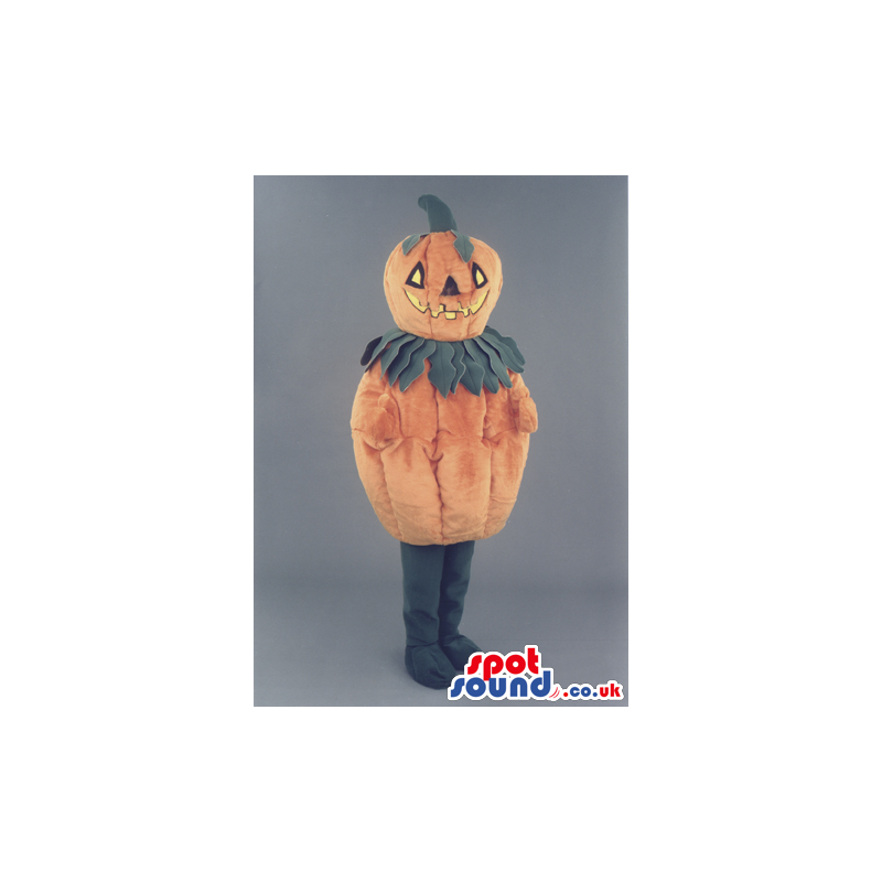 Funny pumpkin mascot wth green stem, leaves and feet - Custom