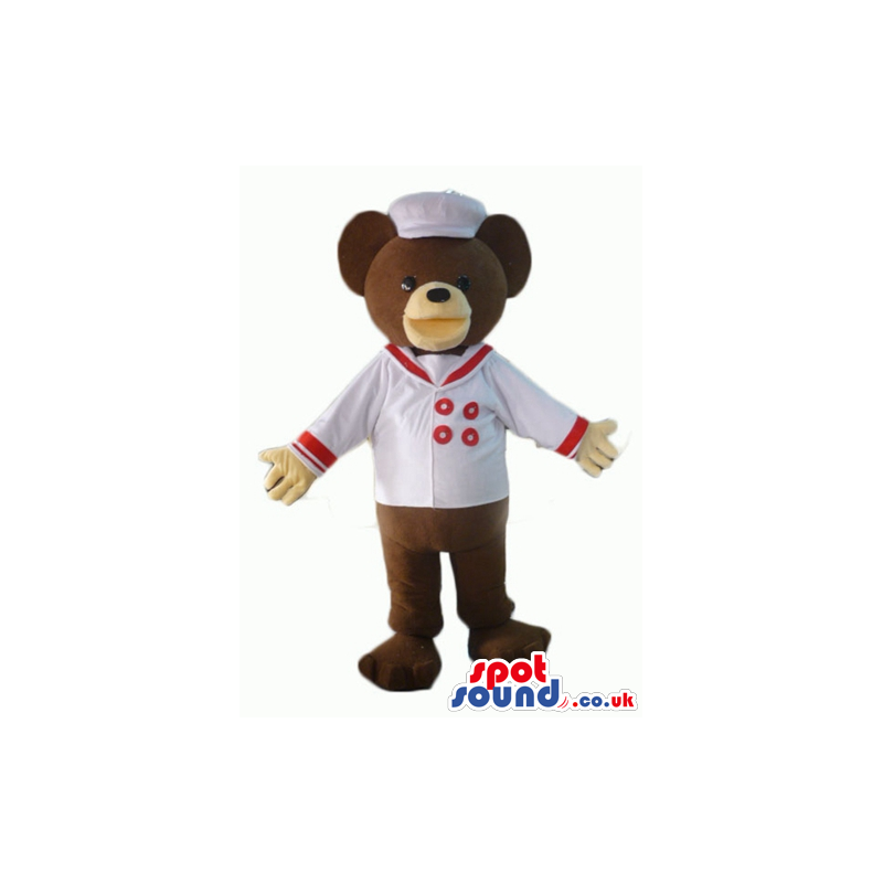 Chocolate brown teddy bear with beige hands in white sailor