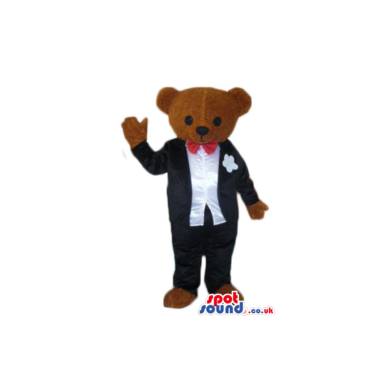 Chocolate brown teddy bear dressed like a groom with red bow