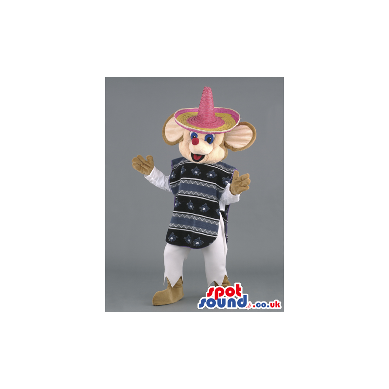 Cheerful mouse mascot with black and grey poncho and mexican