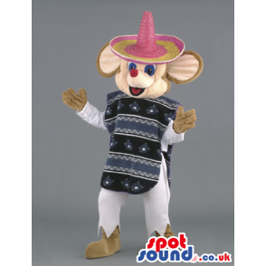 Cheerful mouse mascot with black and grey poncho and mexican