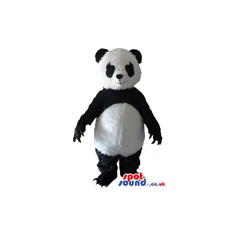 Traditional black and white panda bear mascot with long