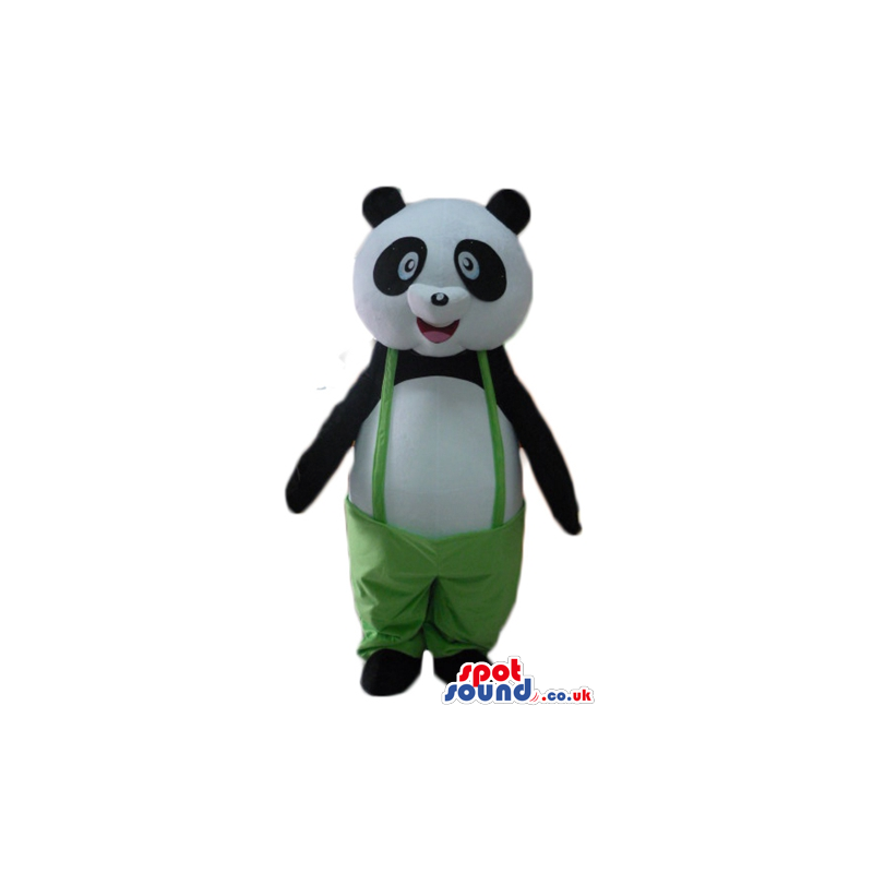 Smiling panda bear mascot dressed in green trousers - Custom
