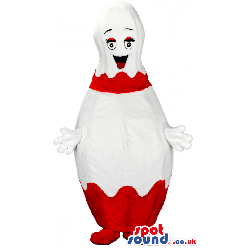 Girly looking white bowling pin mascot with red stripes -