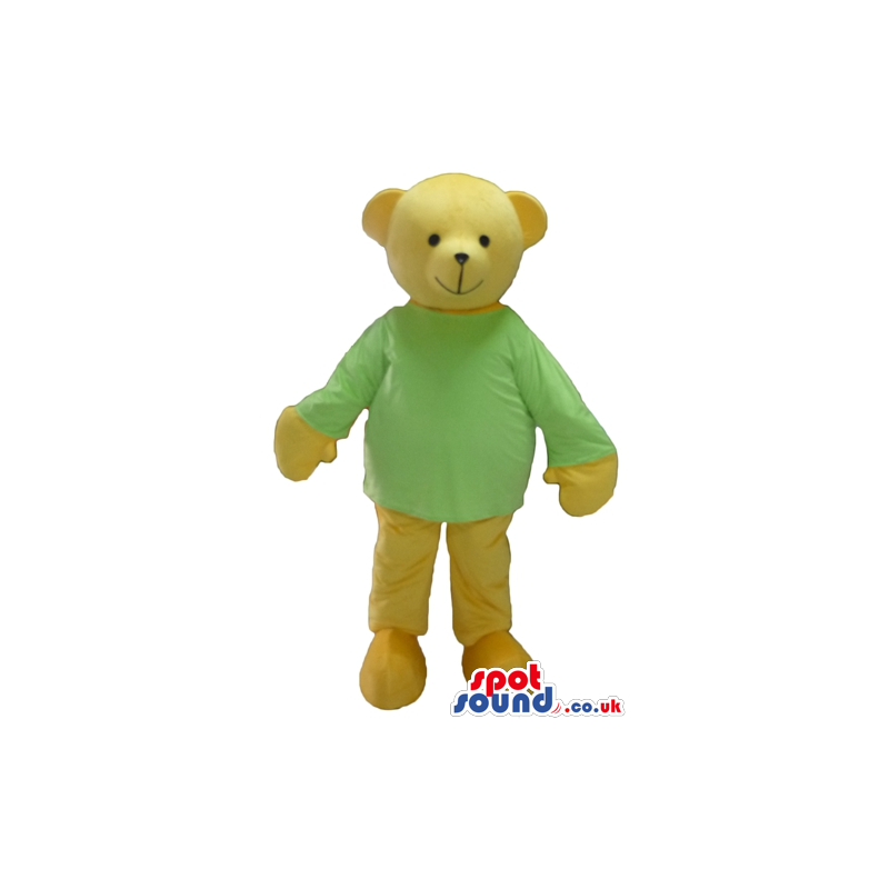 Smiling beige bear wearing a green sweater and beige trousers -