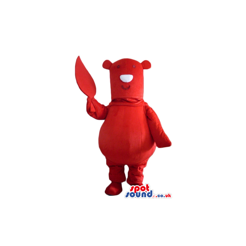 Red mascot with white nose holding a red leaf - Custom Mascots