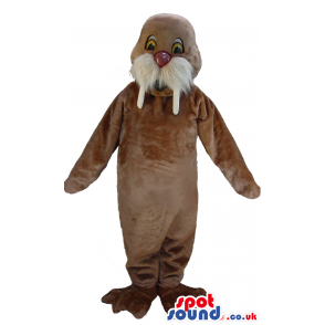 Brown walrus mascot with fluffy moustache and white tusks -