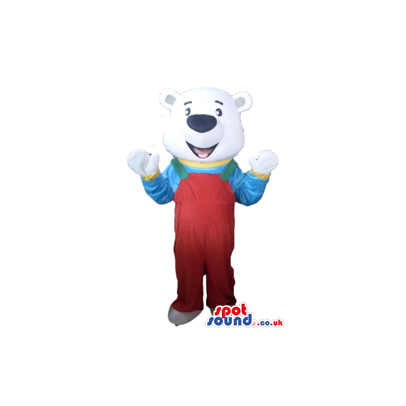 Smiling white bear dressed in red and green gardener trousers