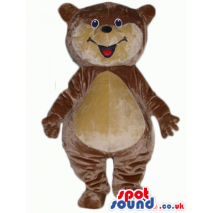 Brown and beige bear mascot with broad smile - Custom Mascots