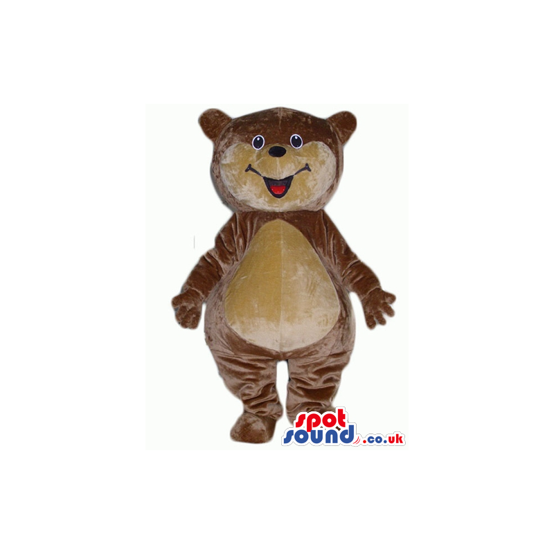 Brown and beige bear mascot with broad smile - Custom Mascots