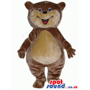 Brown and beige bear mascot with broad smile - Custom Mascots