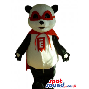 Super hero panda bear mascot with red mask around the eyes and