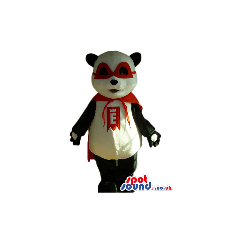 Super hero panda bear mascot with red mask around the eyes and