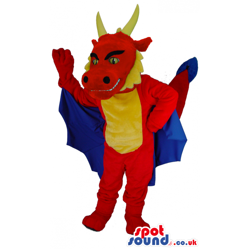 Red dragon mascot with yellow horns and spines and blue wings -