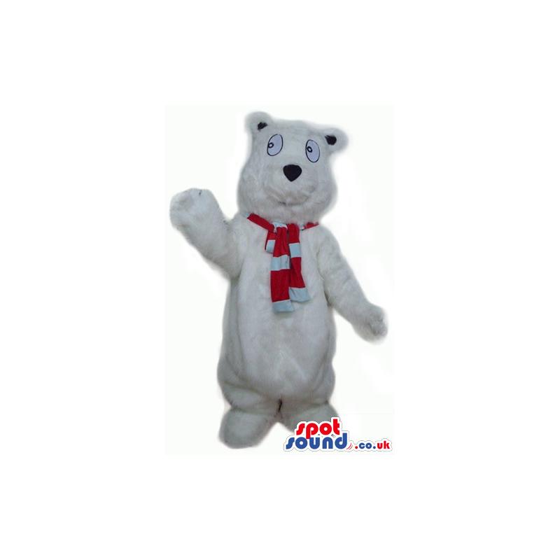 White bear with big eyes wearing a striped red and white scarf