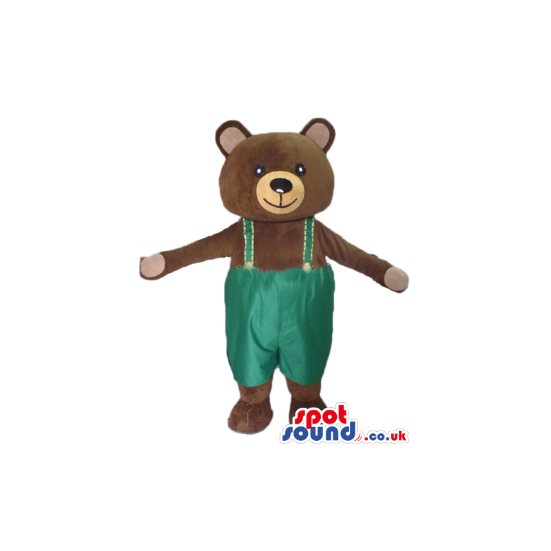 Smiling brown teddy bear with details in beige wearing green
