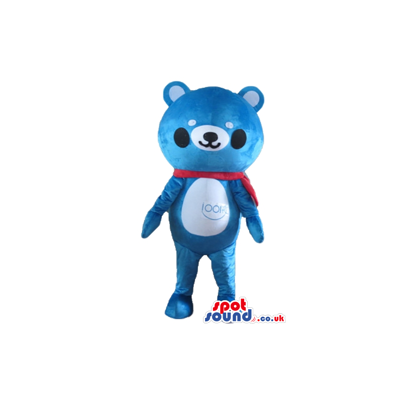 Large headed blue bear with small white eyes, black cheeks and