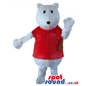 White bear mascot in a red t-shirt and a red and green scarf -