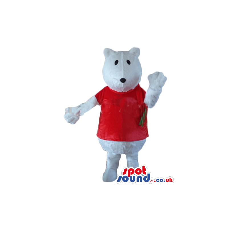 White bear mascot in a red t-shirt and a red and green scarf -