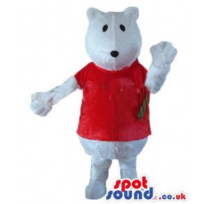 White bear mascot in a red t-shirt and a red and green scarf -