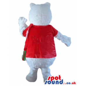 White bear mascot in a red t-shirt and a red and green scarf -