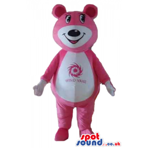 Smiling pink bear with big black eyes, white detail round the