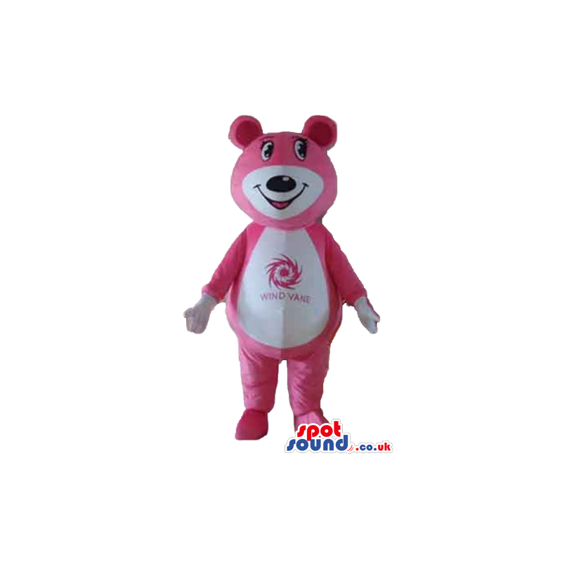 Smiling pink bear with big black eyes, white detail round the