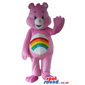 Smiling pink care bear with rainbow imprinted on white belly -