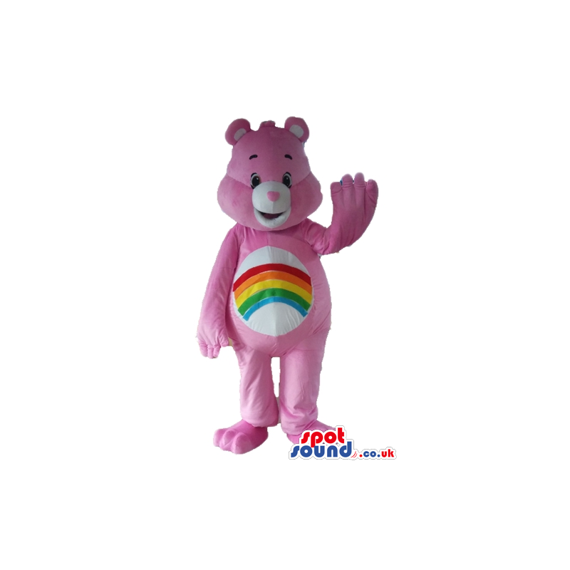 Smiling pink care bear with rainbow imprinted on white belly -