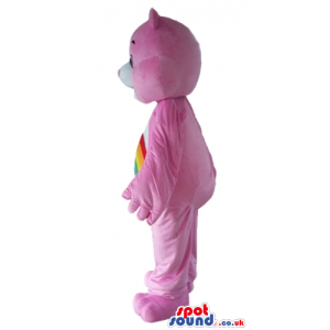 Smiling pink care bear with rainbow imprinted on white belly -