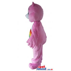 Smiling pink care bear with rainbow imprinted on white belly -