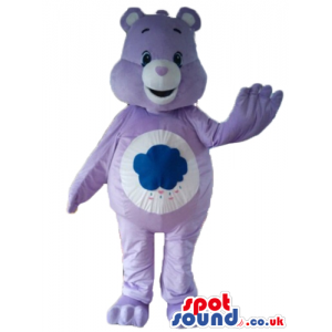 Smiling purple care bear with blue cloud imprinted on its white