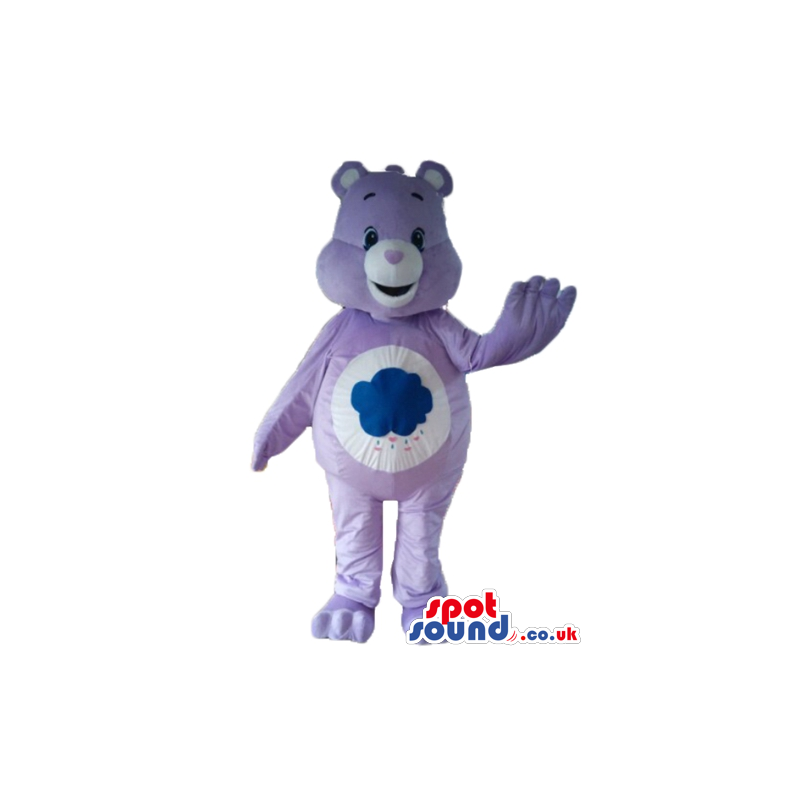 Smiling purple care bear with blue cloud imprinted on its white