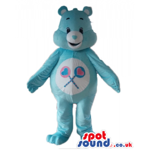 Smiling light-blue care bear with pink and light-blue hearts