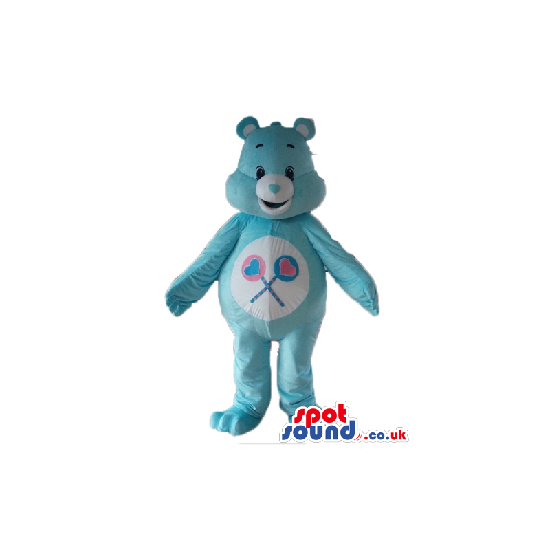 Smiling light-blue care bear with pink and light-blue hearts