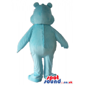 Smiling light-blue care bear with pink and light-blue hearts