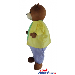 Brown bear dressed in a green t-shirt, green trousers, yellow