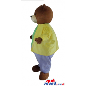 Brown bear dressed in a green t-shirt, green trousers, yellow