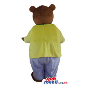 Brown bear dressed in a green t-shirt, green trousers, yellow