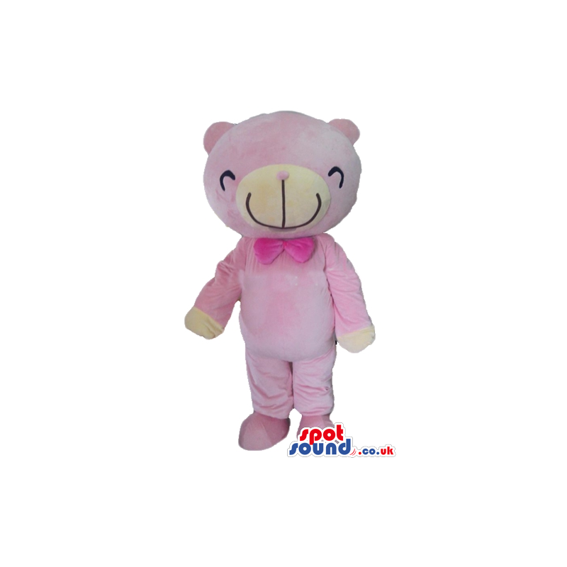 Smiling pink bear with matching pink bow tie and white detail