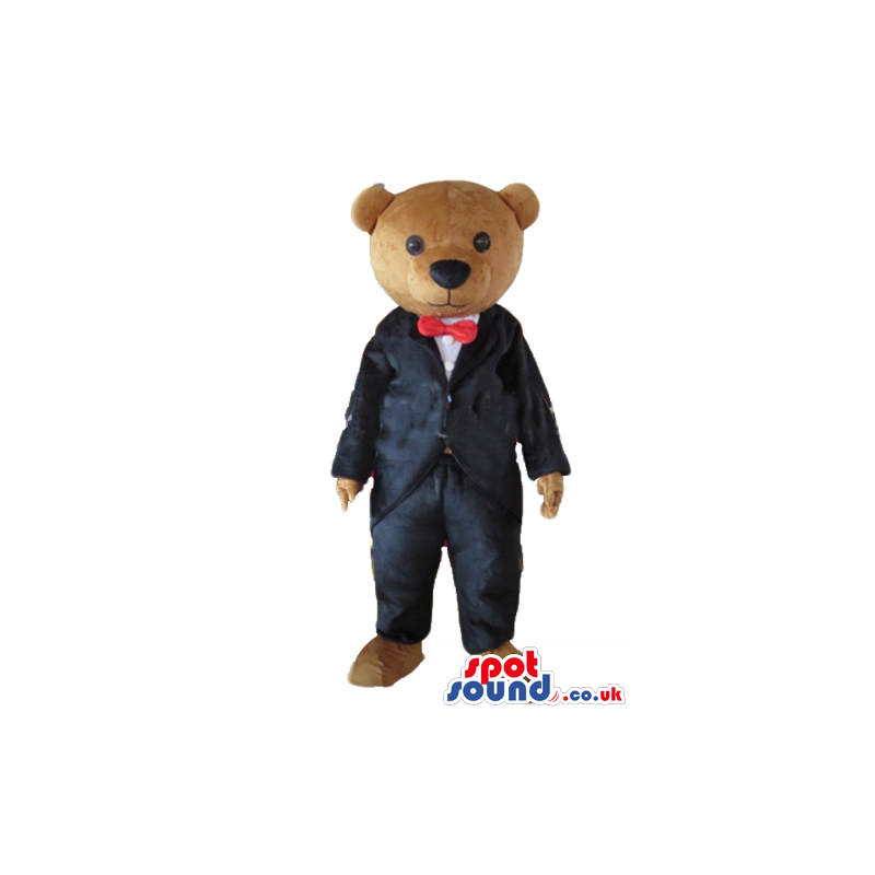 Elegant brown bear dressed in silky black suit, white shirt and