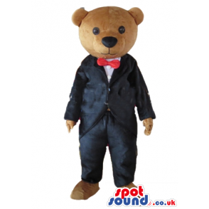 Elegant brown bear dressed in silky black suit, white shirt and