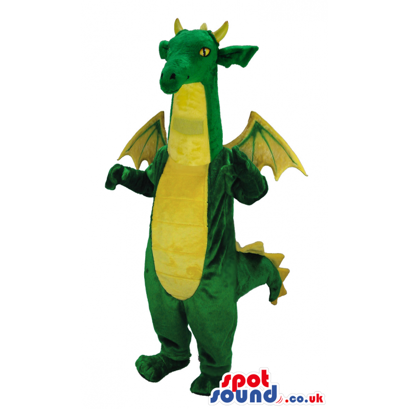 A flying green and yellow dragon mascot with a long tail -