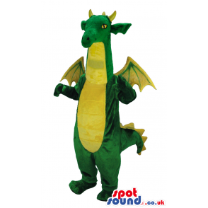 A flying green and yellow dragon mascot with a long tail -