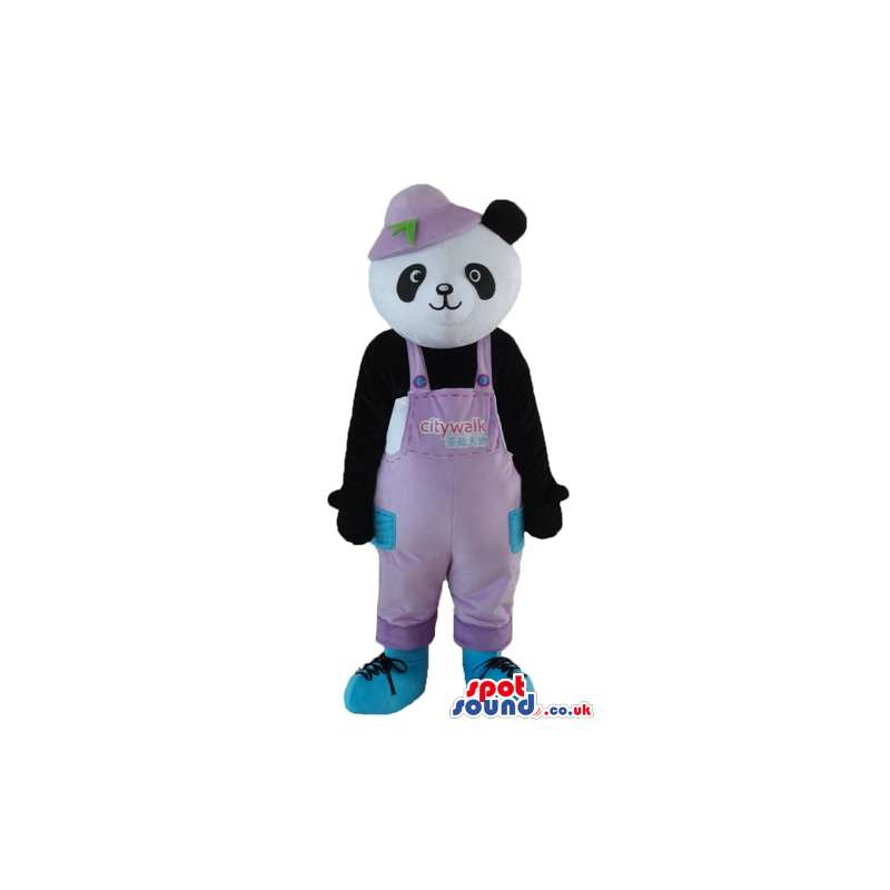Panda bear dressed in pink gardener trousers, a pink hat and