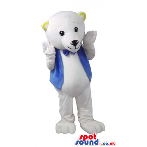 White bear with yellow detail in ears wearing a silky blue vest